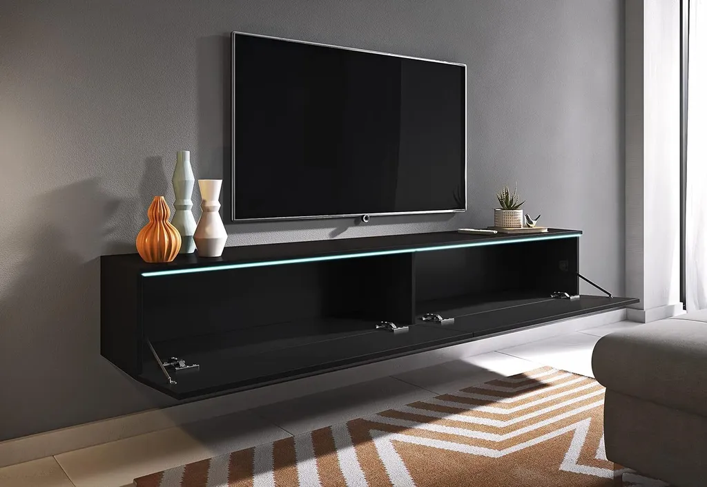 Meuble TV 180 cm Noir Mat à Ouverture Push-Pull - Design Flottant D - 4