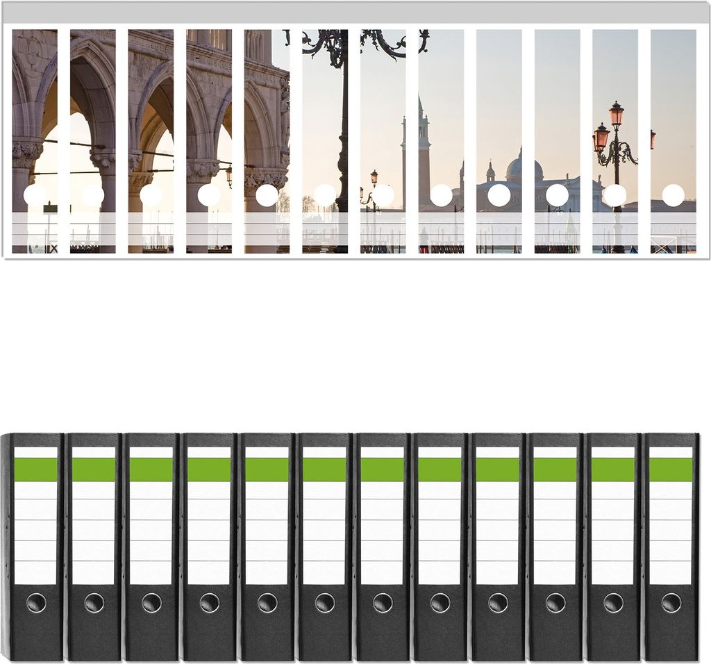 Wallario 12 Stück breite Ordner inkl. Klebeetiketten mit Motive Venedig - Dogenpalast, Markusplatz und San Giorgio Maggiore II - Set mit Rückens...