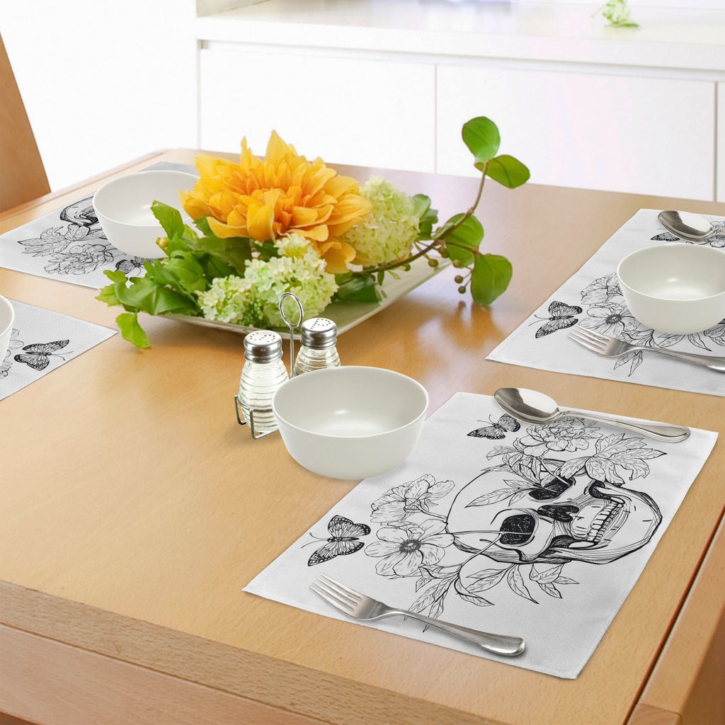 ABAKUHAUS Tag der Toten Platzmatten, Schädel mit Blume Blooms und Schmetterlinge Vintage Gothic Design Print, Tiscjdeco aus Farbfesten Stoff für ...