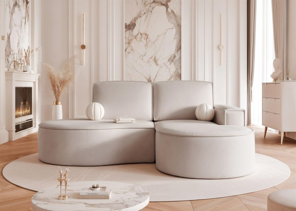 Ecksofa Designersofa Sofa ARLET in Stoff Riviera Hellbeige Ottomane Rechts