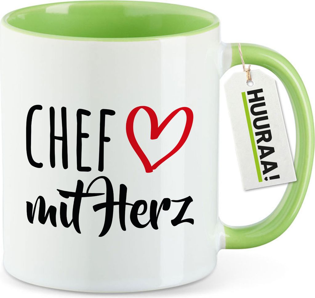 Huuraa Kaffeetasse Chef mit Herz 330ml Grün Keramik Kaffeebecher Geschenkidee