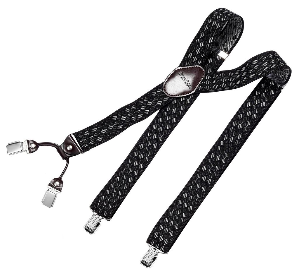 DonDon Herren Hosenträger 3,5 cm breit 4 Clips mit braunem Leder in Y-Form elastisch und längenverstellbar - Rauten schwarz grau weiß