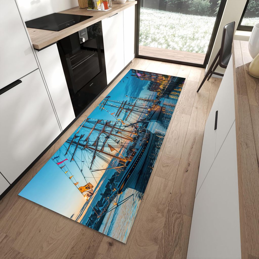 Küchenteppich 90x240cm rutschfest & abwischbar PVC Läufer - Schiffe im Hafen