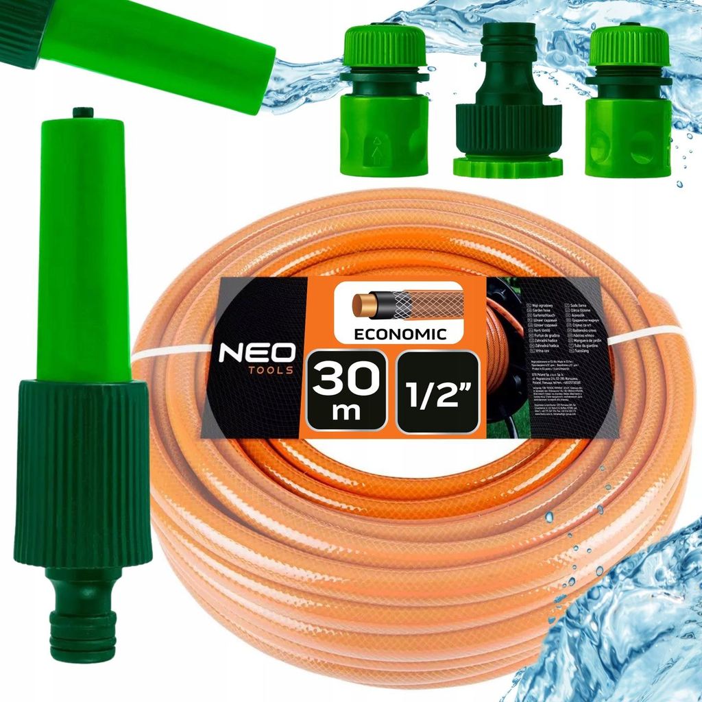NEO TOOLS 5 tlg. Set: Gartenschlauch (1/2 Zoll, 20 m, 4-lagig, 20 bar) + Wasserspritze + 3 Stück Anschluss Kit
