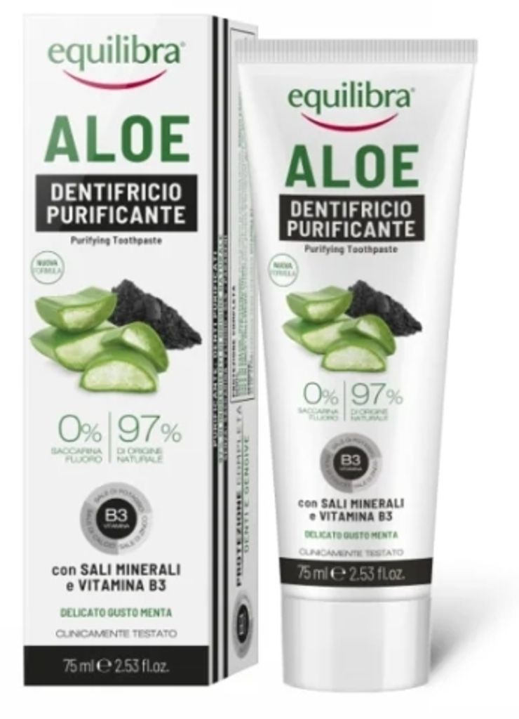 Pulizia dei denti con carbone attivo - Pasta Equilibra con Immagine del prodotto 