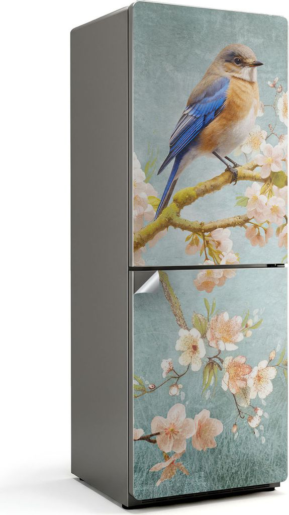 Vogel auf einem Zweig mit Blumen – Kühlschrank Aufkleber – Klebefolie Kühlschrank – Kühlschrank Dekor – Kühlschrankfolie selbstklebend ...