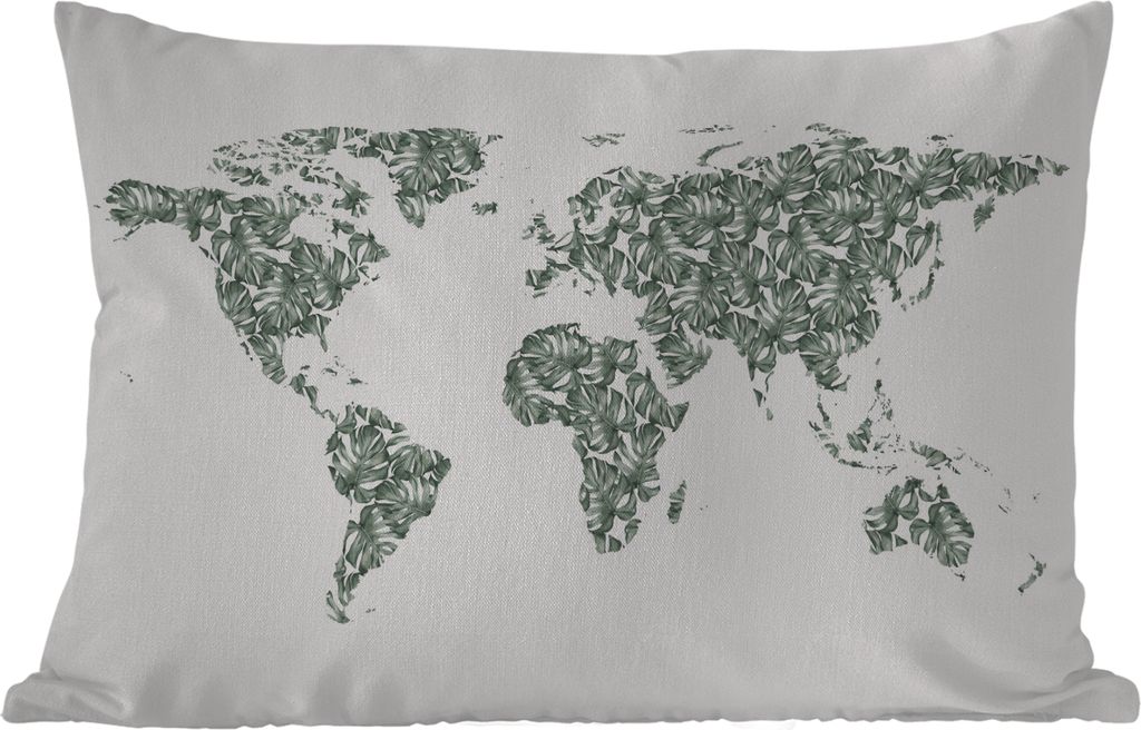 MuchoWow Outdoor Kissen - Weltkarte - Tropische Pflanzen - Weiß - 50x30 cm - Wetterfest - Lounge Kissen - Sofa kissen - Wohnzimmer Dekoration