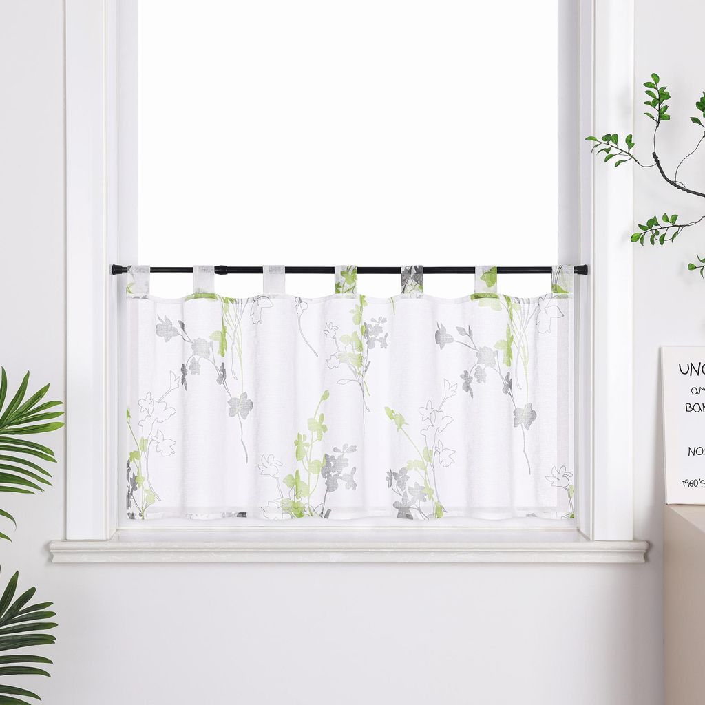 Joyswahl Scheibengardine mit Schlaufen Modern Küche Gardine Bistrogardine mit Blumendrucken Kurzstores kleine Vorhang landhausstil 1 Stück, Grü...