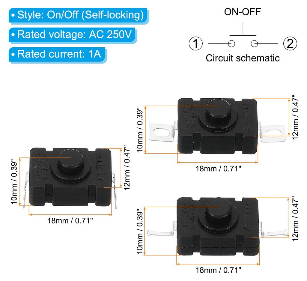 10Stk Verriegelung Drš¹cken Schaltfl?che Schalter KAN-28 Flach Pin mit Loch Ein/Aus Selbstsperrung 250V 1.5A Mikro Schalter fš¹r Taschenlampe L...