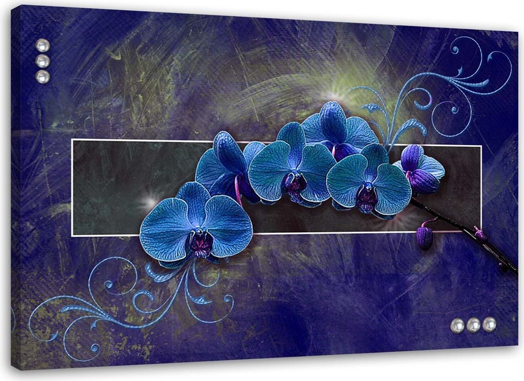 Leinwandbild orchideenblüten abstrakt blau 120x80 cm Feeby blau wandbild bereit zum aufhängen