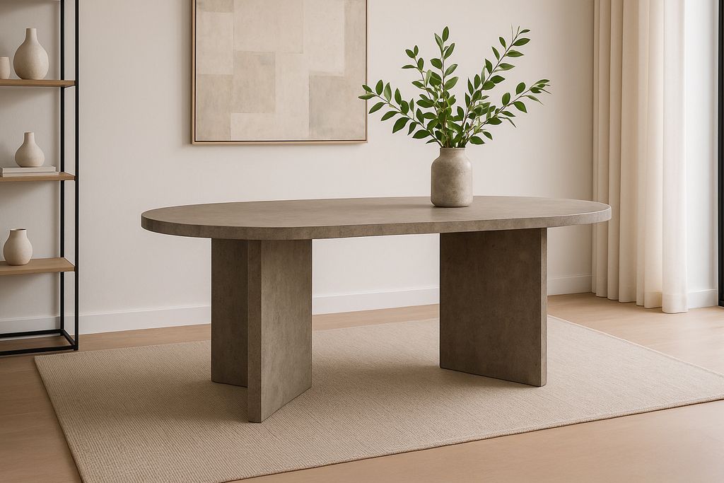 Esstisch oval mit geraden Kanten 160x90 cm Holz Graue-Optik Tischbeine V-Form OVI