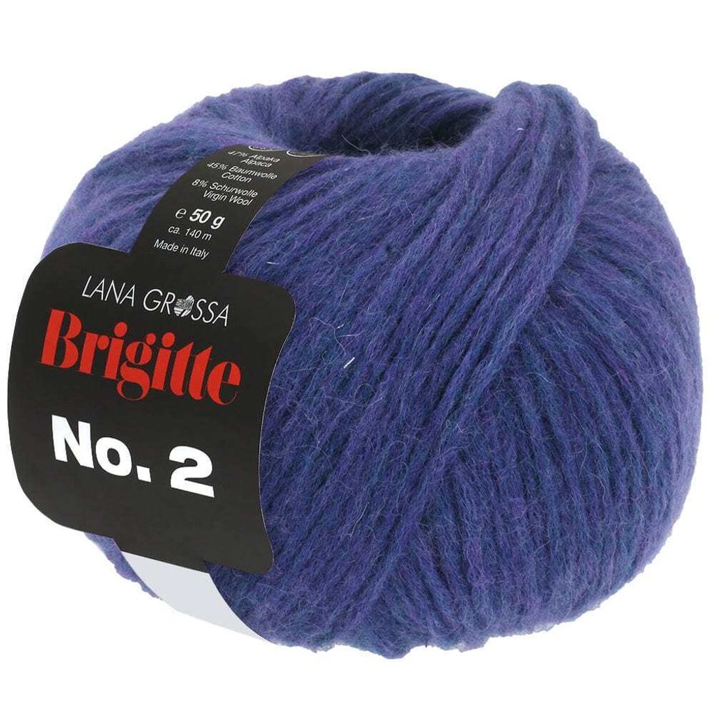 A ball of blue-purple yarn with a label attached.