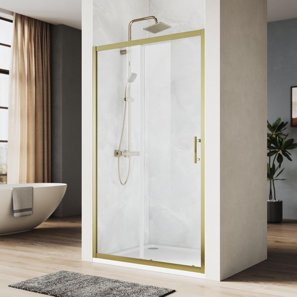 SONNI 110 x 185 Duschkabine in Gebürstetes Gold, Schiebetür,obere und untere Schiene, 5 mm Glas, Türrahmen mit -20 mm Verstellposition