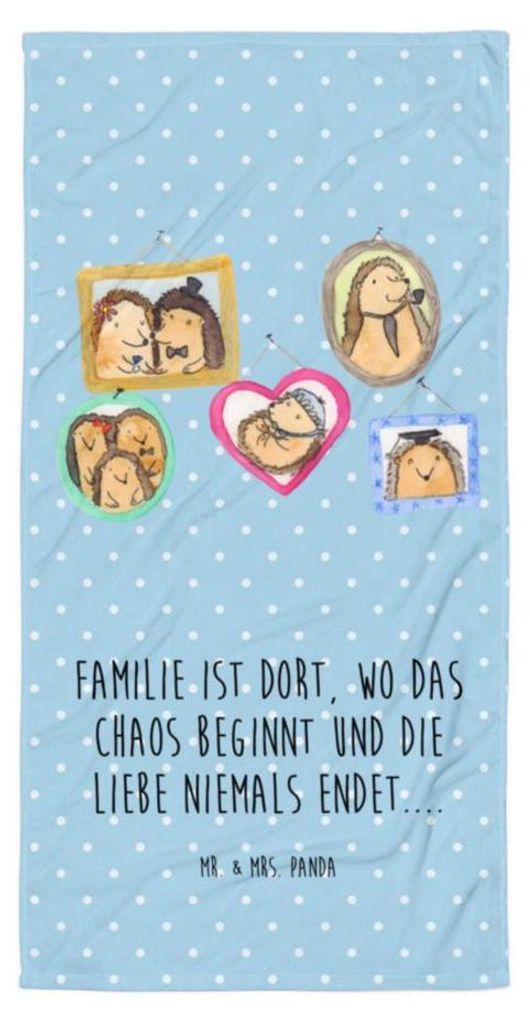 Mr. & Mrs. Panda Strandtuch Igel Familie - Blau Pastell - Geschenk, Großes Badehandtuch, Liebe, Bilder, Glück, Reisehandtuch, Handtuch, Muttertag