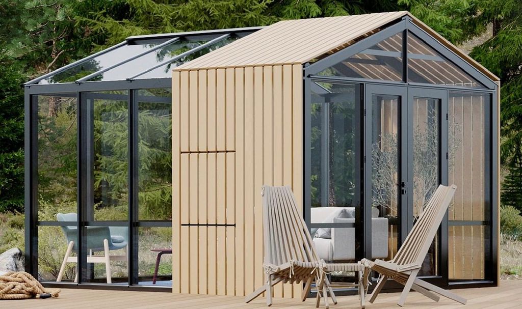 Casa Padrino Luxus Gartenhaus Schwarz / Beige 400 x 300 x H. 276,2 cm - Massivholz Garten Haus mit Glasfenstern und Glastüren - Gewächshaus - Lux...