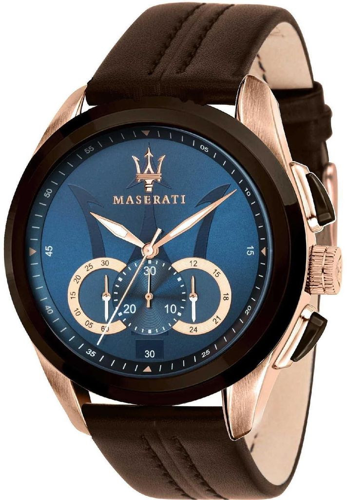 A close-up studio shot of a Maserati men's chronograph watch with a blue dial and brown leather strap.