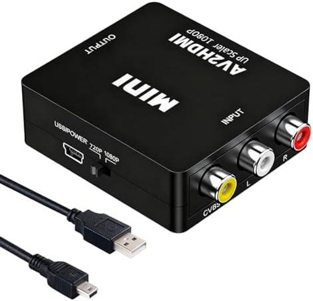 RCA auf HDMI Konverter, 1080P AV auf HDMI Adapter Plug-&-Play 720p/1080p@60Hz Composite CVBS Video Audio Konverter mit USB-Netzkabel für PS2/Xbox/...