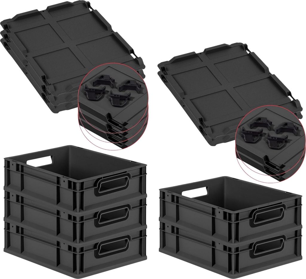 SparSet 5x Eurobox NextGen Color mit Auflagedeckel und Schiebeschnappverschlüsse | HxBxT 12x30x40cm | 11 Liter | Schwarz | Griffe schwarz offen | ...