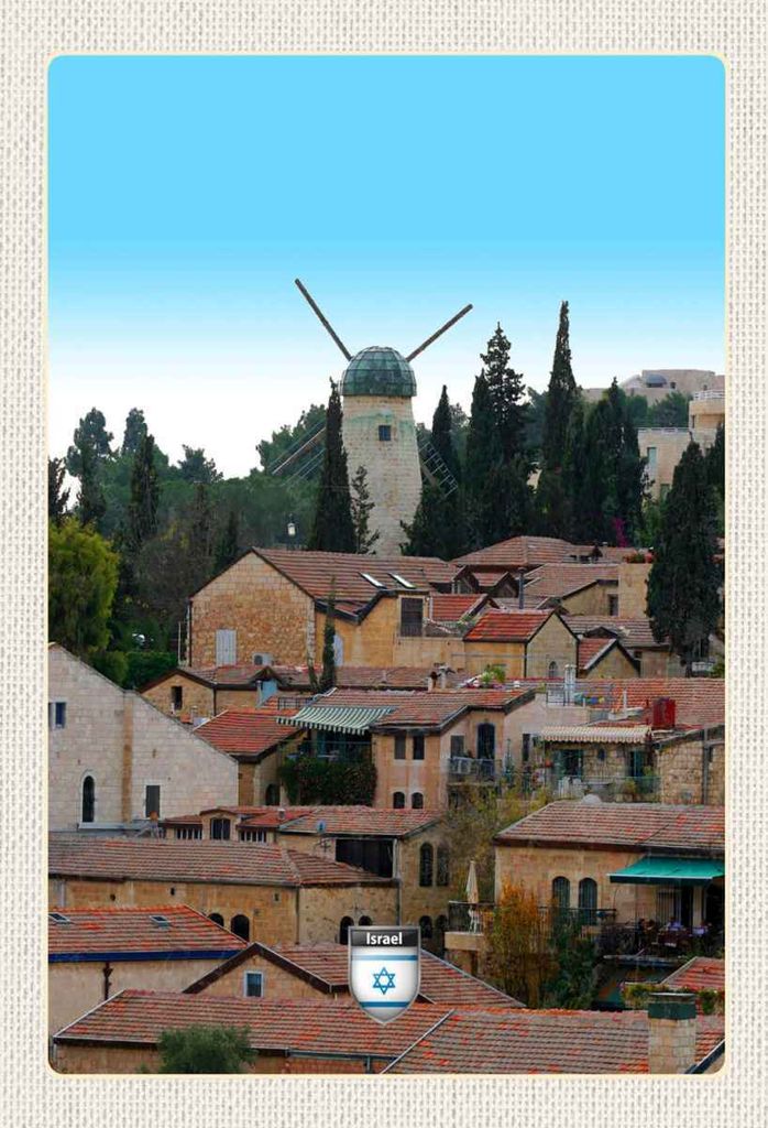 vianmo Holzschild 30x20 cm Israel Stadt Windmühle Natur Bildmotiv Reisemotiv Abenteuer Reisen
