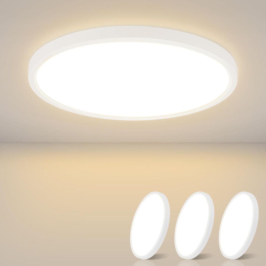 A white, circular LED ceiling light is shown mounted on a ceiling, with three smaller, identical lights displayed in the foreground against a gradient background.