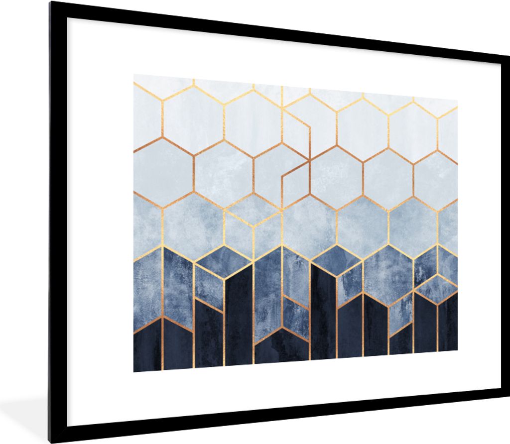 MuchoWow Gerahmtes Poster Sechseck - Gold - Schablonen 80x60 cm - Poster mit Schwarzem Bilderrahmen Wandposter Rahmen Foto Bilder - Schlafzimmer-...