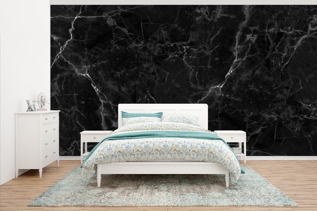 MuchoWow Fototapete für Wohnzimmer oder Schlafzimmer Wandtapete Vinyl Motivtapete Marmor - Schwarz - Weiß - Textur - Marmoroptik - 395x220 cm -...