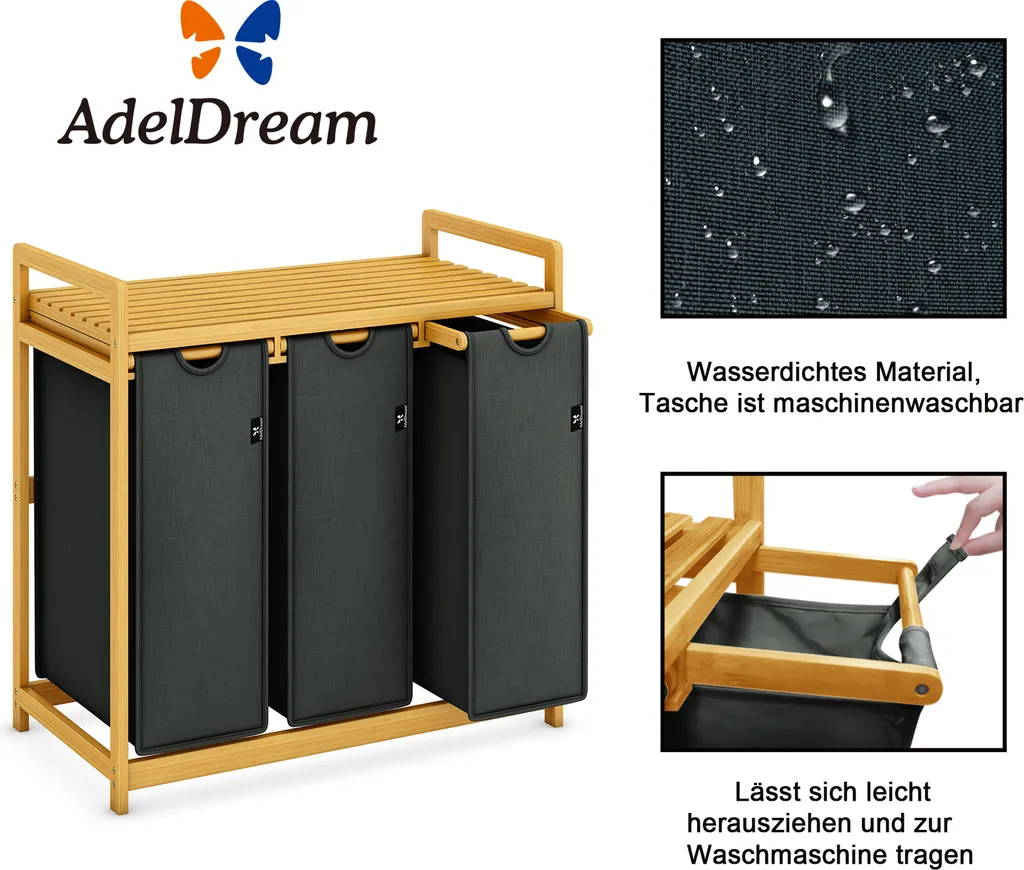 AdelDream Panier à Linge 150L en Bambou Gris avec 3 Compartiments - 6