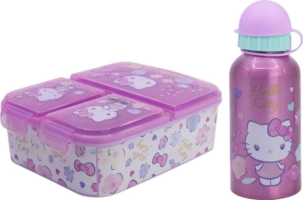 Hello Kitty 2 tlg. Lunch Set 3 Kammer Brotdose Alu Trinkflasche 400 ml