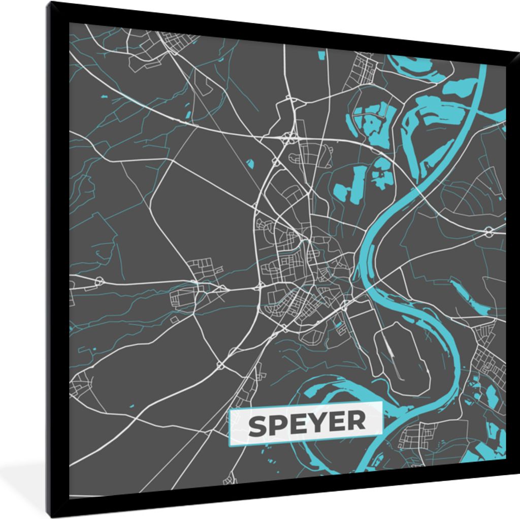 MuchoWow Gerahmtes Poster Stadtplan - Deutschland - Blau - Speyer - Karte 40x40 cm - Poster mit Schwarzem Bilderrahmen Wandposter Rahmen Foto Bil...