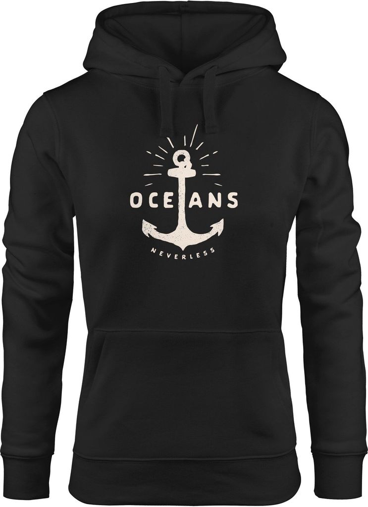 Hoodie Damen Anker Motiv maritim Schriftzug Oceans Kapuzen-Pullover Neverless schwarz XS