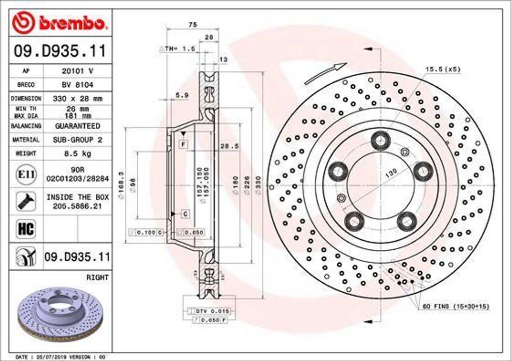 BREMBO 09.D935.11 Bremsscheibe OE 99135240200 kompatibel mit 911