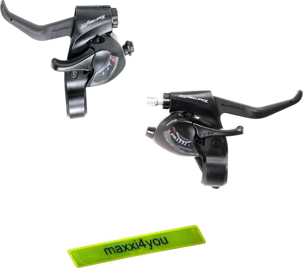 Angebot Set / Shimano Schalt-/Bremshebel TOURNEY TX ST-TX800 - Kombi 3-/8-fach schwarz inkl. maxxi4you Reflexband