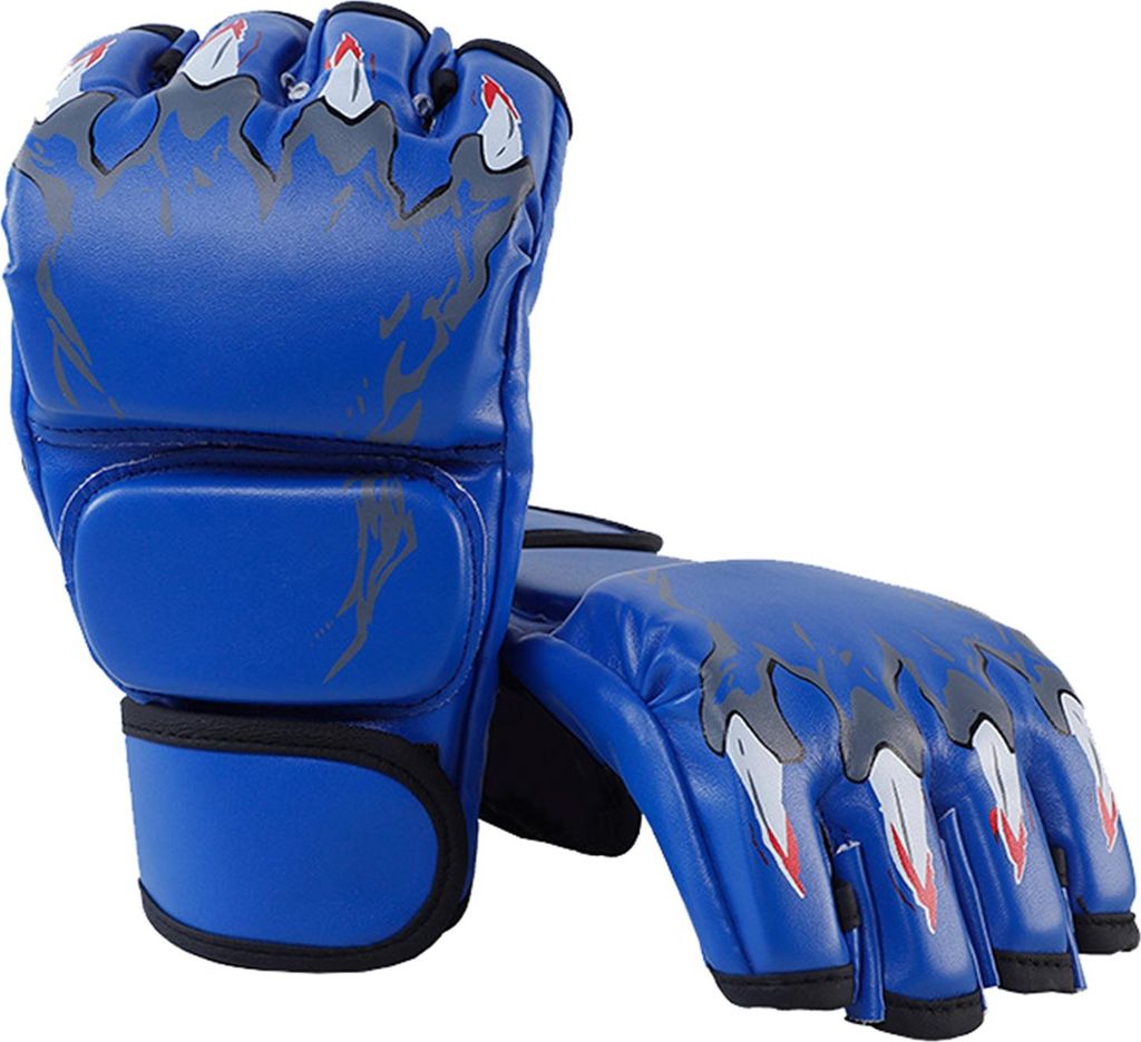 Halbfinger-Boxhandschuhe, Kickboxen mit verstellbarem Handgelenkband für Männer und Frauen, Tiger-Klauen-Stil, Blau