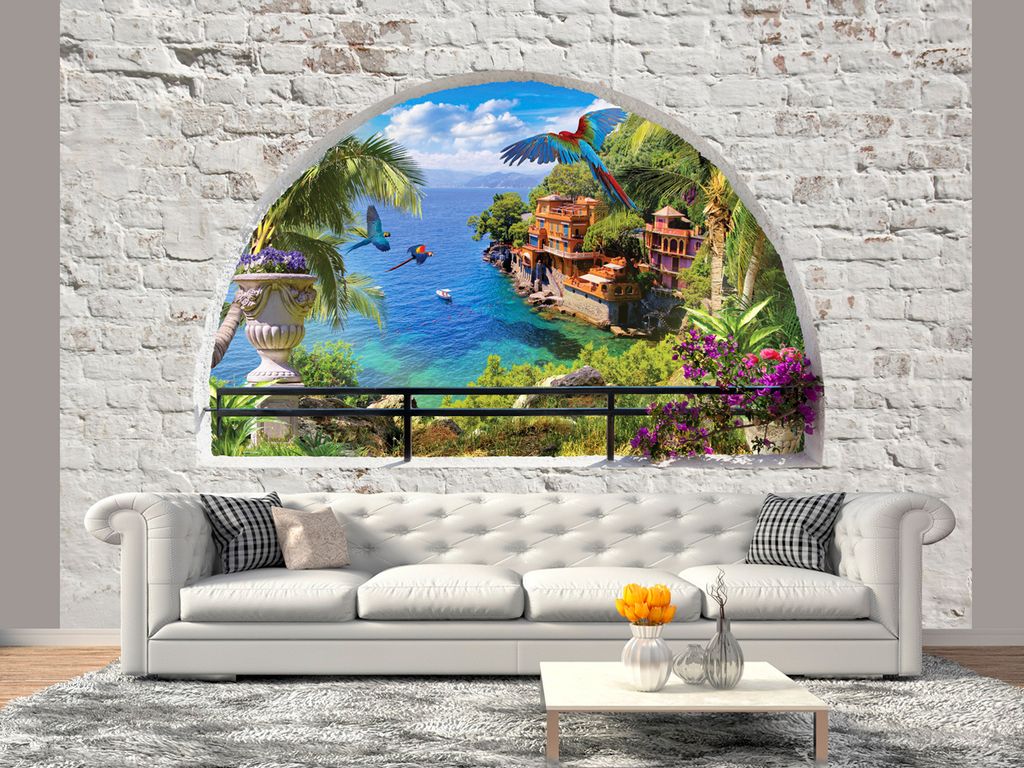 Vlies Fototapete 400x280 cm Tapeten Wandtapete XXL Mauer Landschaft Meer See Palmen c-C-0056-a-a