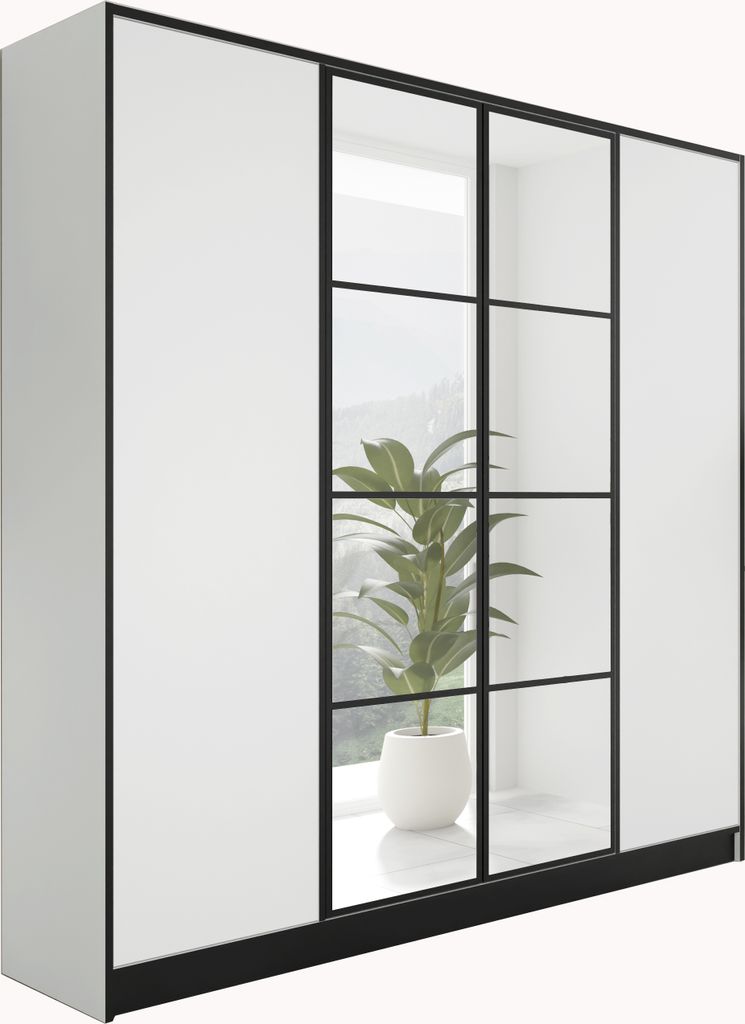 A modern wardrobe with white doors and black framing, featuring a glass section with a plant inside.