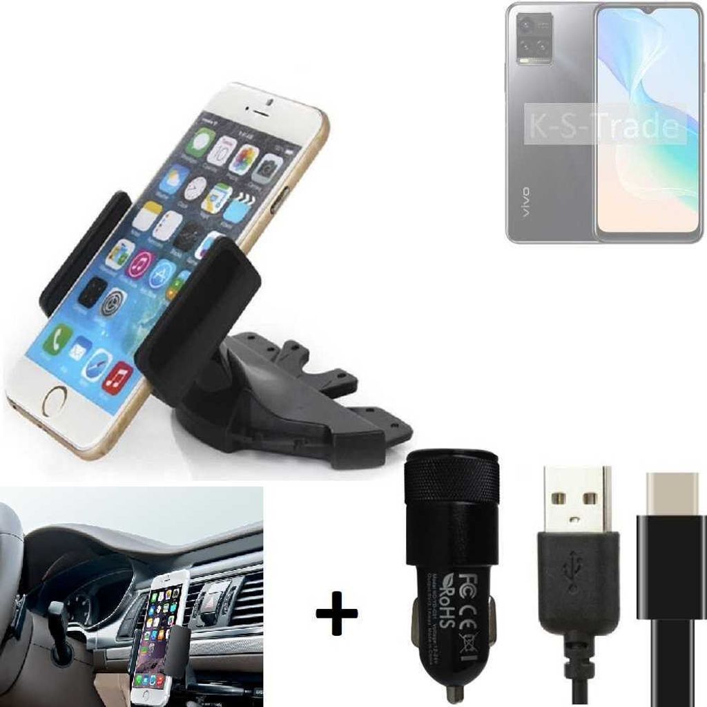 K-S-Trade CD Schlitz Handy-Halterung kompatibel mit Vivo Y33s Autohalterung KFZ-Halter Radio Handy Halterung 360° drehbar CD-Schacht inkl. USB-C