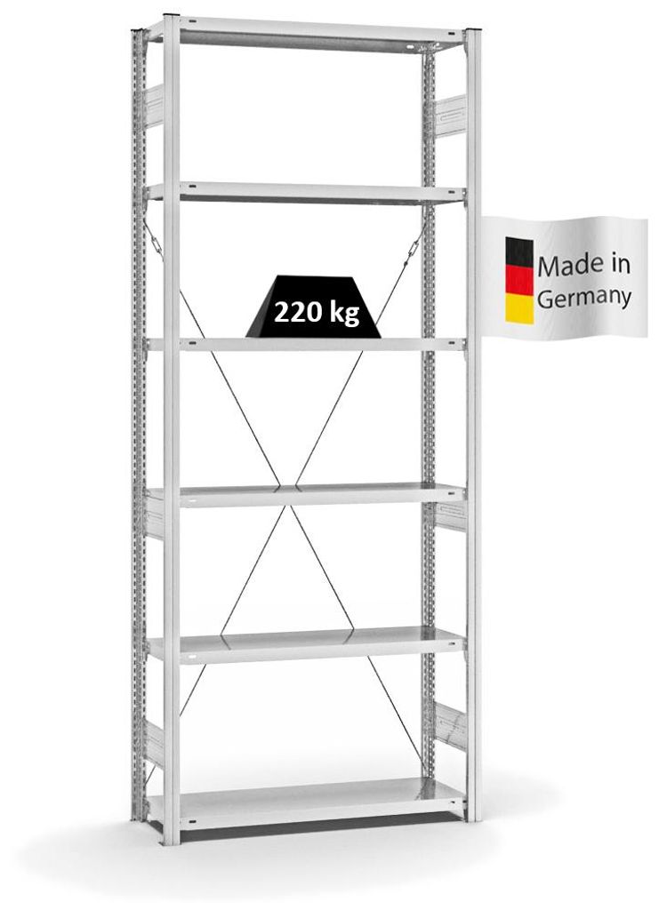 PROREGAL Fachbodenregal Stecksystem MAGNUS Germany | HxBxT 250x100x30cm | 6 Ebenen | Fachlast 220 kg | Einseitig nutzbar | Lichtgrau