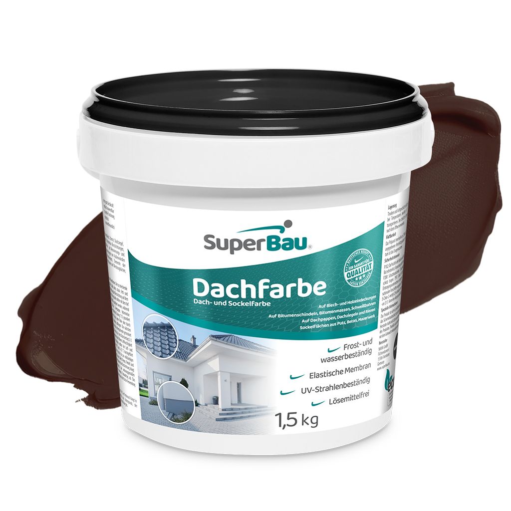 Superbau Dachfarbe Braun 1,5kg, Sockelfarbe WASSERDICHT, Fassadenfarbe für Außen, Dachbeschichtung für Blechdach, Bitumen, Dachpappe, Schindeln,...