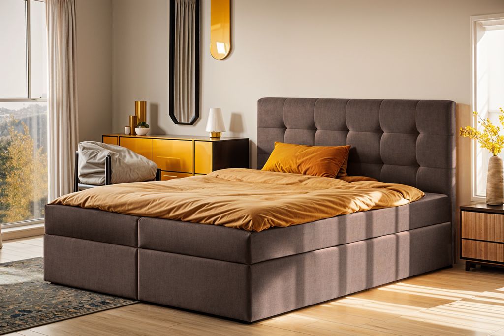 Kaiser Möbel Boxspringbett mit matratze und bettkasten, Schlafbett LUDANO stoff Noel Braun 200x200 cm H2-Pocket