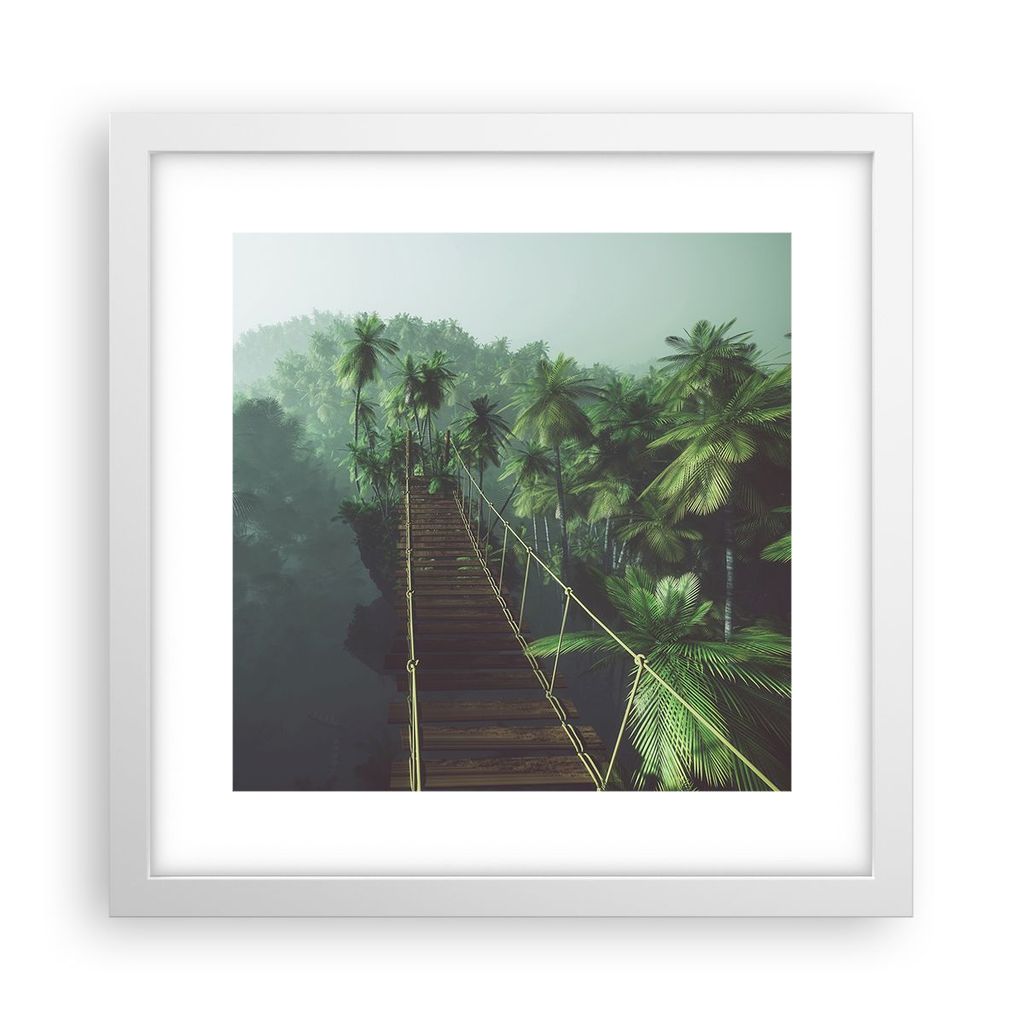 Gerahmtes Poster - Weißer Rahmen - Dschungel Palme Brücke - 30x30 cm - Wand Bild - Wanddeko - Wandbilder - Kunstposter - Wandposter - Bilderrahme...