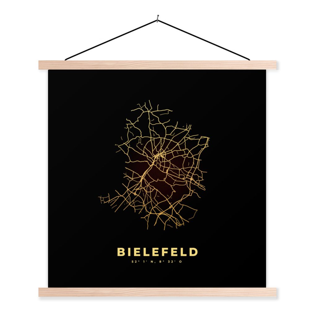 MuchoWow Textilposter Bielefeld - Gold - Karte - Stadtplan 120x120 cm mit holzfarbenen Rahmen - Textil-Poster