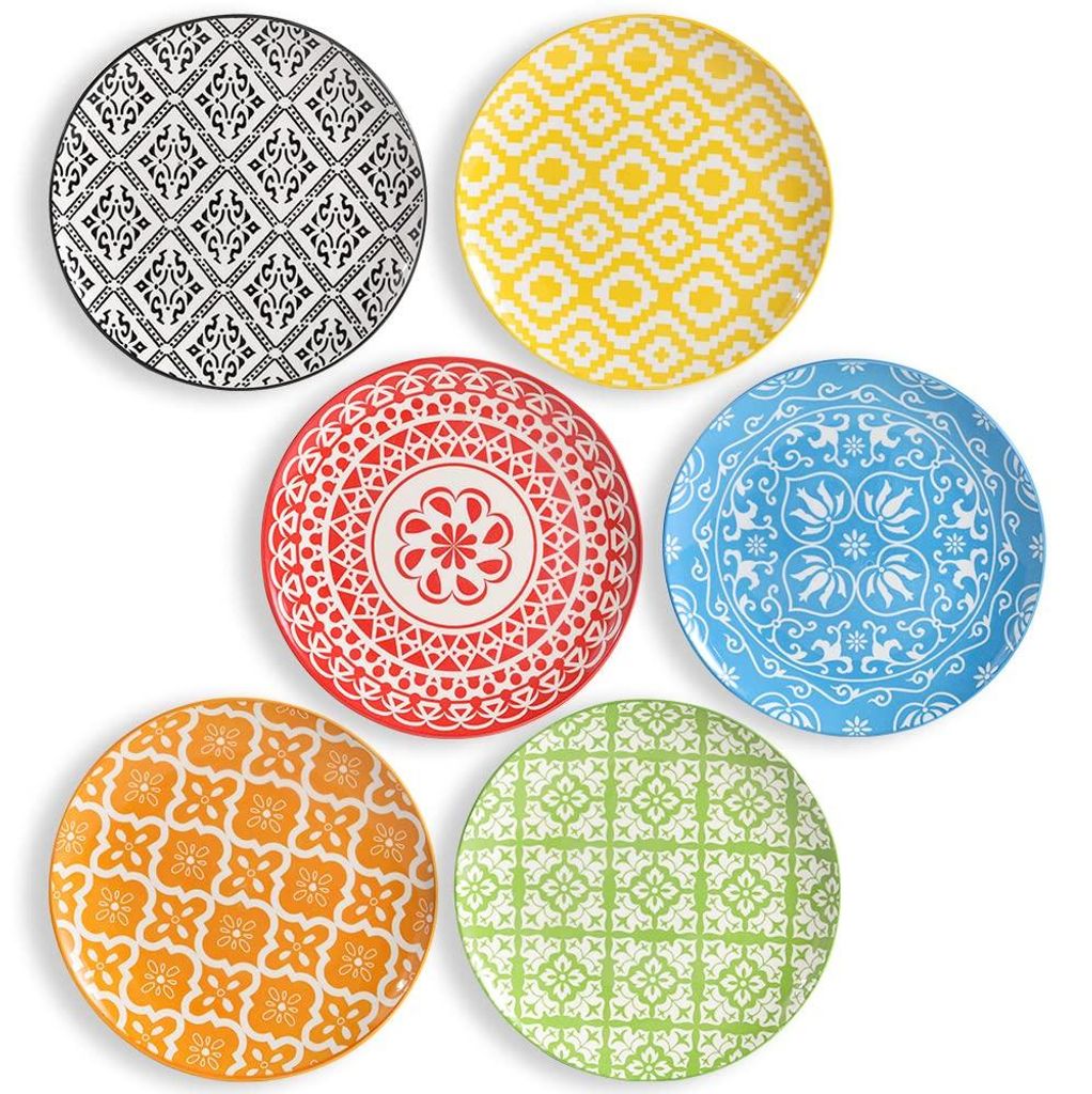 6-teiliges Geschirrset – Dessertteller, Frühstücksteller, Kuchenteller, Salatteller – Porzellan, verschiedene Farben, 20,3 cm