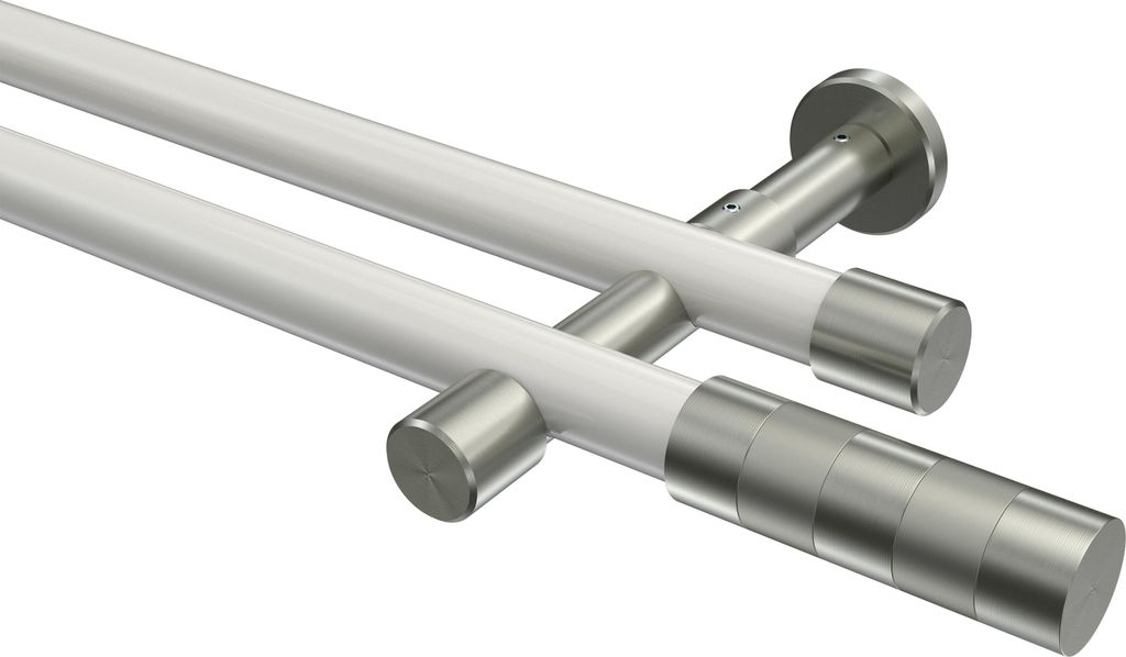 Interdeco Gardinenstange / Vorhangstange Weiß / Edelstahl-Optik, Typ Prestige Mavell (Zylinder Bicolor) ohne Ringe, 20 mm Ø 2-läufig, 400 cm