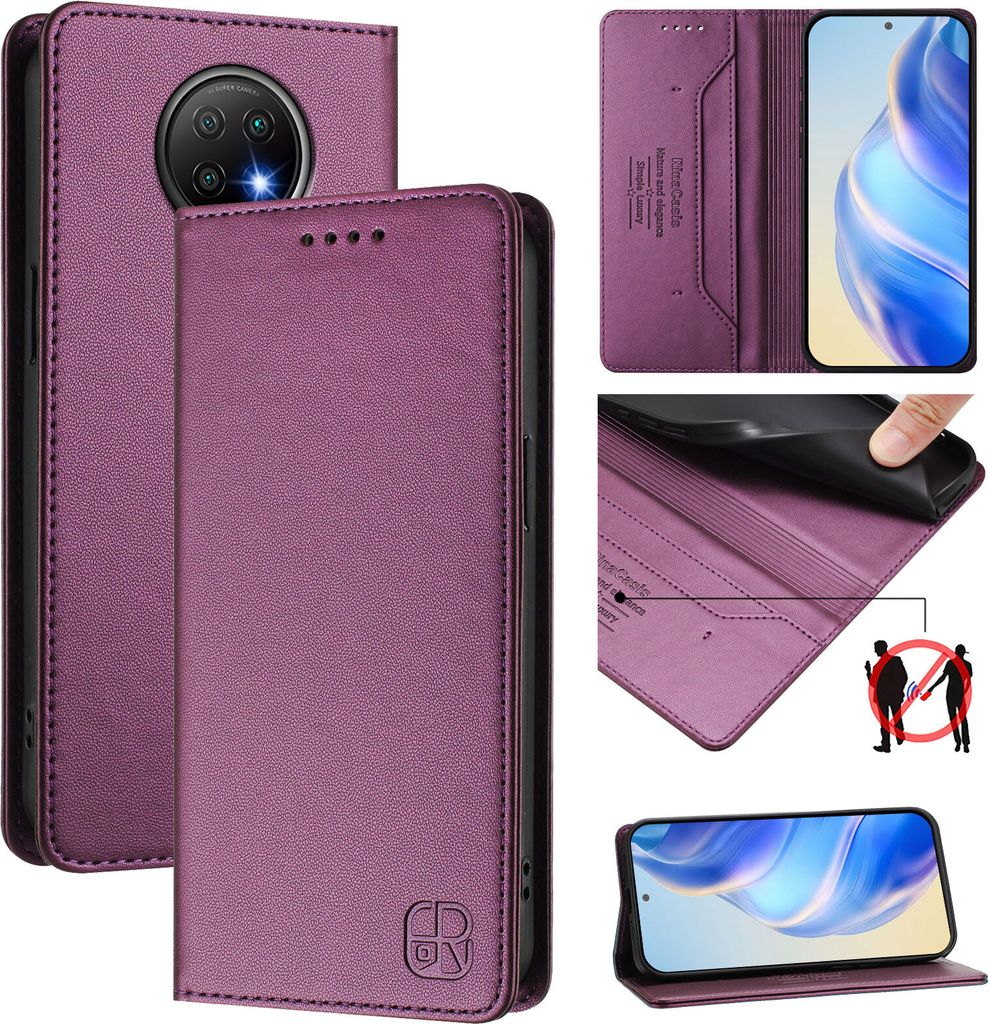 Lederhülle für Xiaomi Redmi Note 9T Hülle Flip Brieftasche Kartenfächern Ständer Schutzhülle Lila