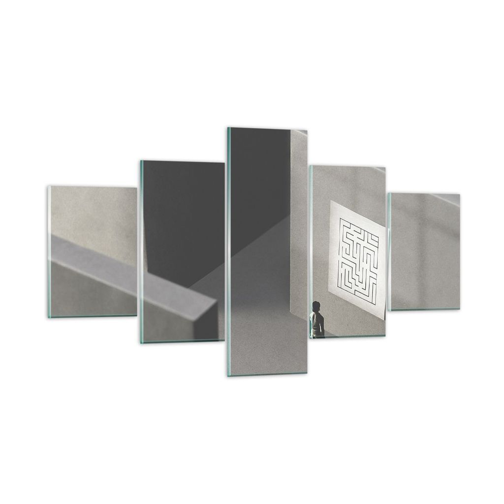 Bilder auf glas - 5 Teile - Labyrinth Grau Verloren - 125x70cm - Glasbilder - Wandbilder - Bilder - zum Aufhängen bereit - Wanddekoration aus Glas...