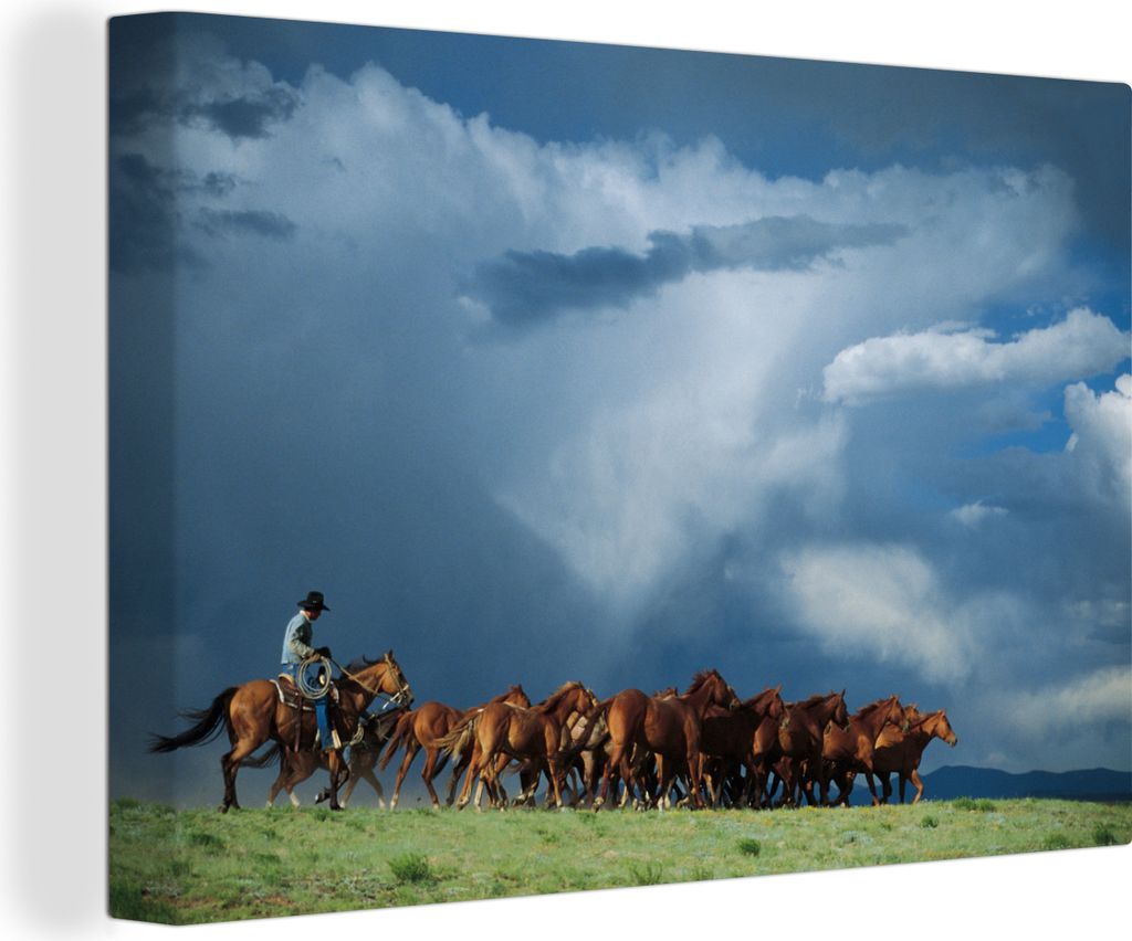 OneMillionCanvasses - Leinwandbilder - 140x90 cm, Pferde - Cowboy - Luft, Wandbilder Kunstdruck Wanddekoration
