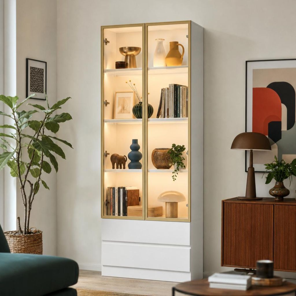 Weißer Vitrinenschrank mit 2 Glastüren & 2 Schubladen 80x36x200cm, Gold-Alurahmen, 3-Farben-LED, Drucköffner für Wohnzimmer & Büro