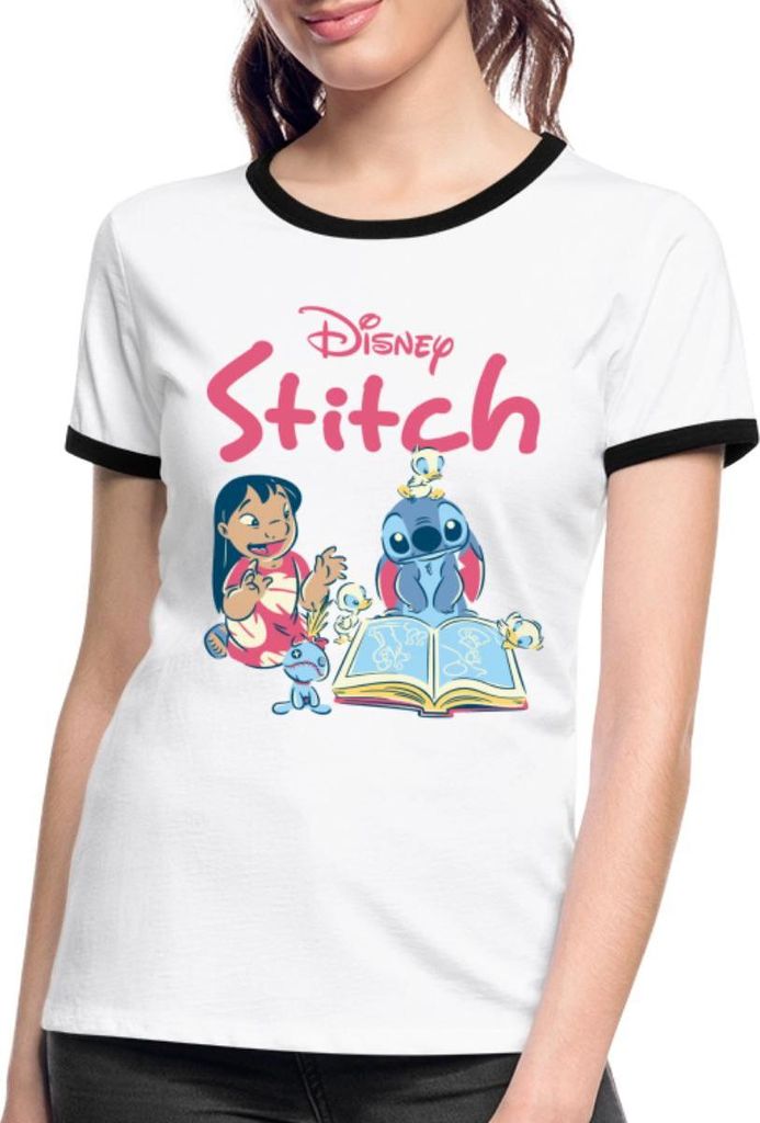 Lilo & Stitch Mit Buch Frauen Kontrast T-Shirt, M, Weiß/Schwarz