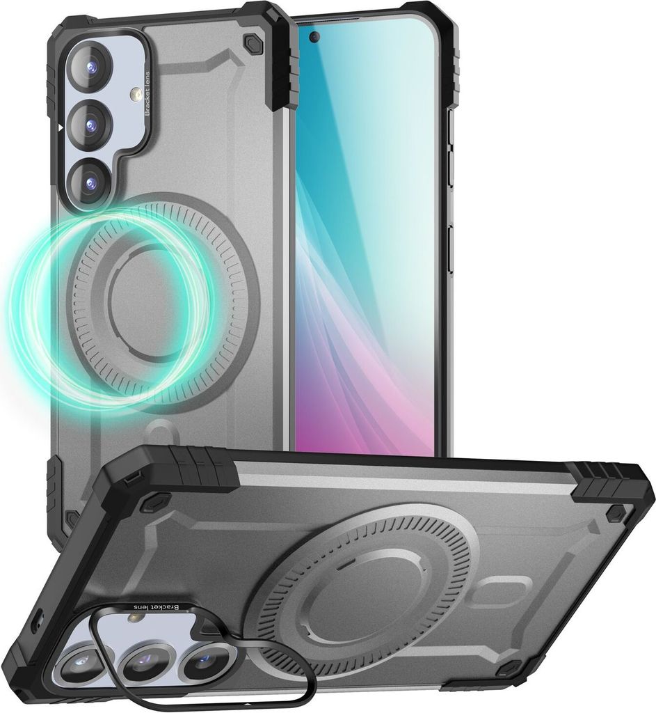 NALIA Magnetische Panzerhülle für Samsung Galaxy S25 – für MagSafe & Kamera-Stand – GRANITE (Outdoor) – Marke aus Berlin – Armor Titan Grau