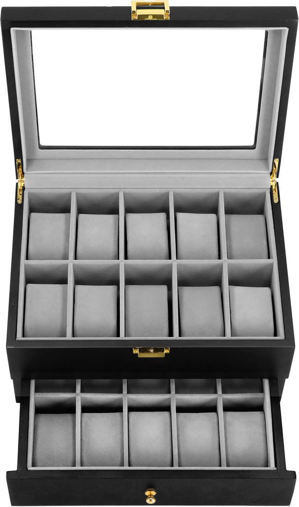 Uhrenkassette mit Schubfach Uhrenbox 20 Uhren 29 x 21,5 x 16 cm Schatulle mit Sichtfenster Schmuckkasten Holz